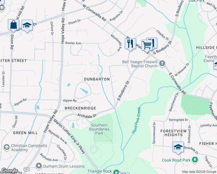 map of restaurants, bars, coffee shops, grocery stores, and more near 2314 Oak Ridge Boulevard in Durham