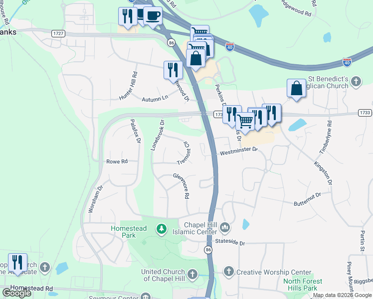 map of restaurants, bars, coffee shops, grocery stores, and more near 200 Tremont Circle in Chapel Hill