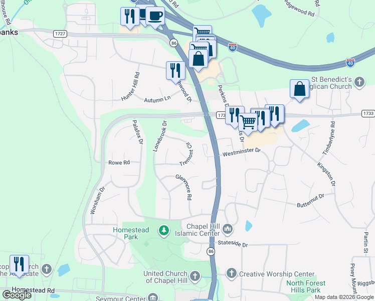 map of restaurants, bars, coffee shops, grocery stores, and more near 200 Tremont Circle in Chapel Hill