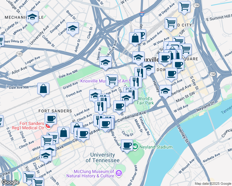 map of restaurants, bars, coffee shops, grocery stores, and more near in Knoxville