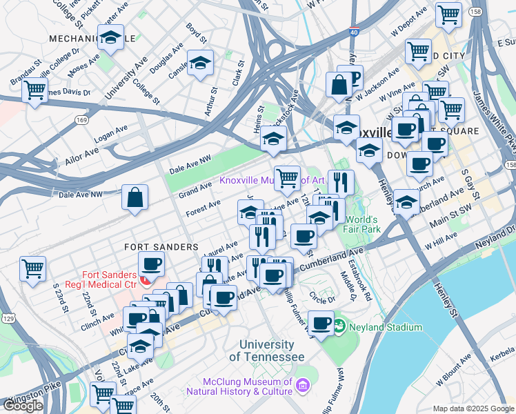 map of restaurants, bars, coffee shops, grocery stores, and more near in Knoxville
