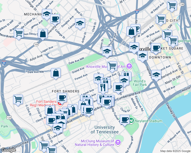 map of restaurants, bars, coffee shops, grocery stores, and more near 1520 Highland Avenue in Knoxville