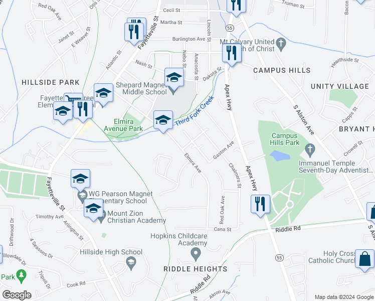 map of restaurants, bars, coffee shops, grocery stores, and more near 903 Elmira Avenue in Durham