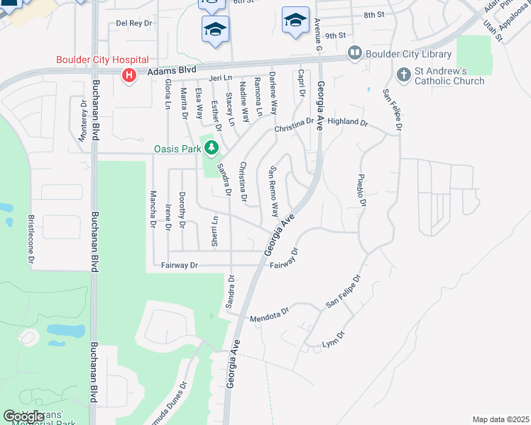 map of restaurants, bars, coffee shops, grocery stores, and more near 1521 Darlene Way in Boulder City