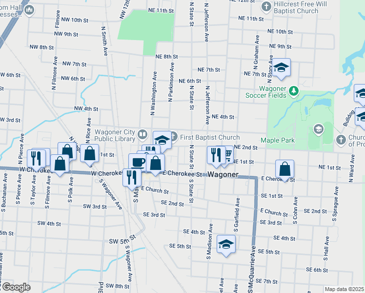 map of restaurants, bars, coffee shops, grocery stores, and more near 411 Northeast 2nd Street in Wagoner
