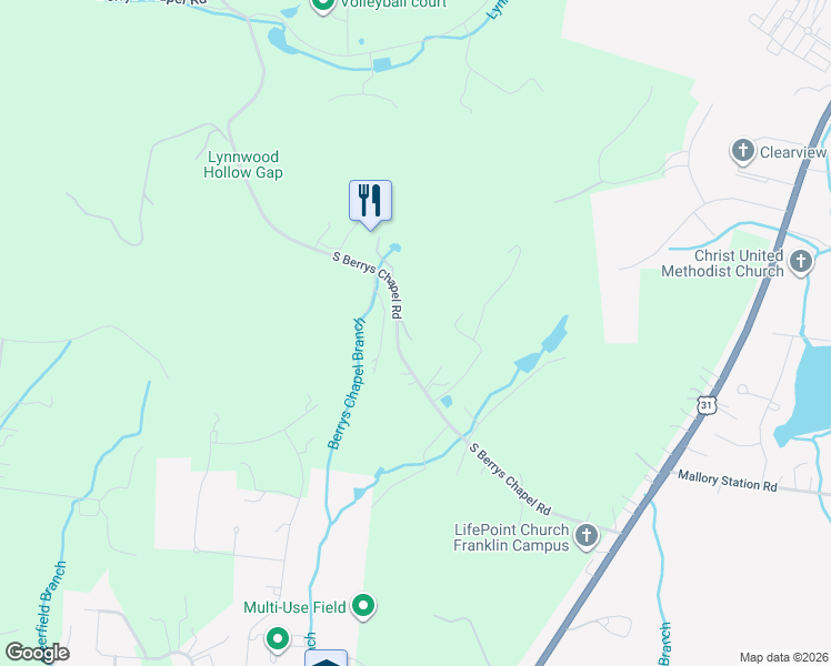 map of restaurants, bars, coffee shops, grocery stores, and more near 2228 South Berrys Chapel Road in Franklin