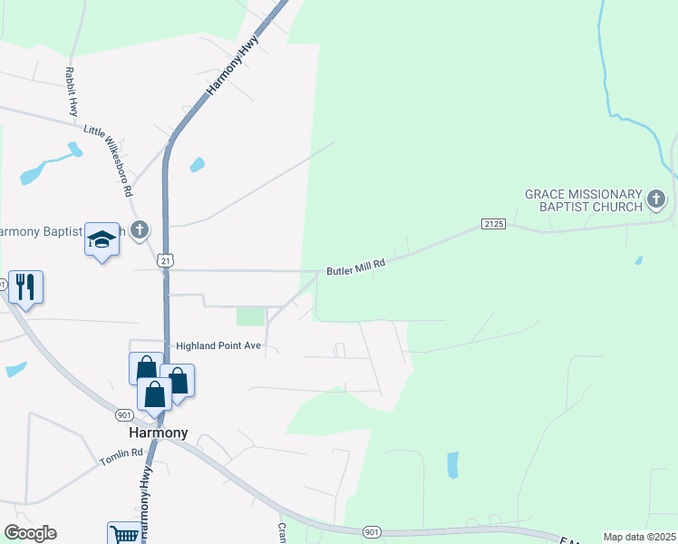 map of restaurants, bars, coffee shops, grocery stores, and more near State Road 2125 in Harmony