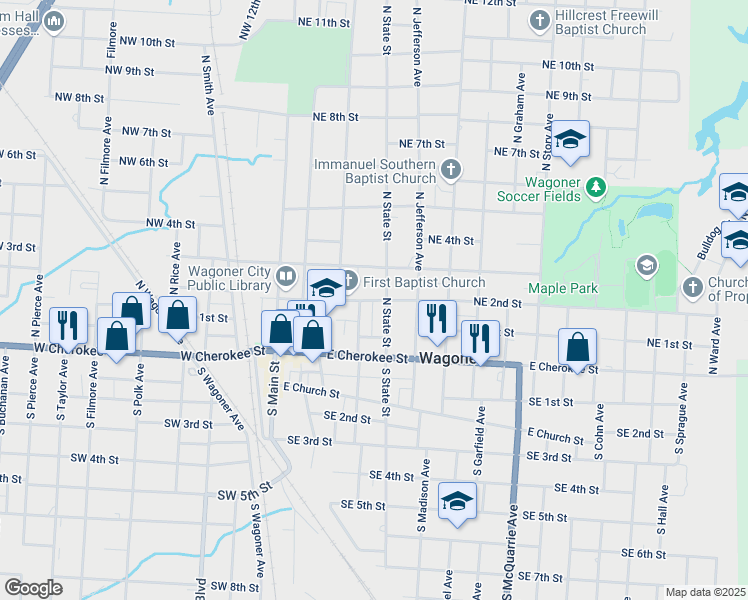 map of restaurants, bars, coffee shops, grocery stores, and more near 411 Northeast 2nd Street in Wagoner