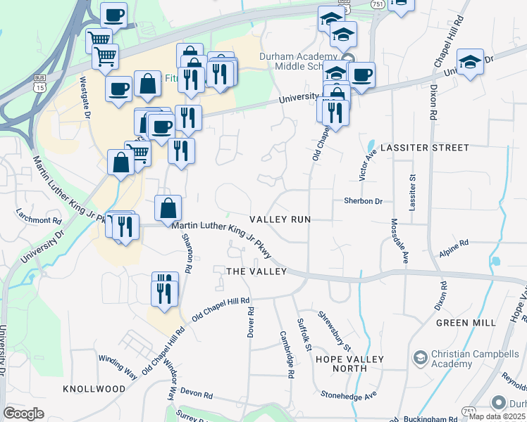 map of restaurants, bars, coffee shops, grocery stores, and more near 3408 Bonaparte Way in Durham