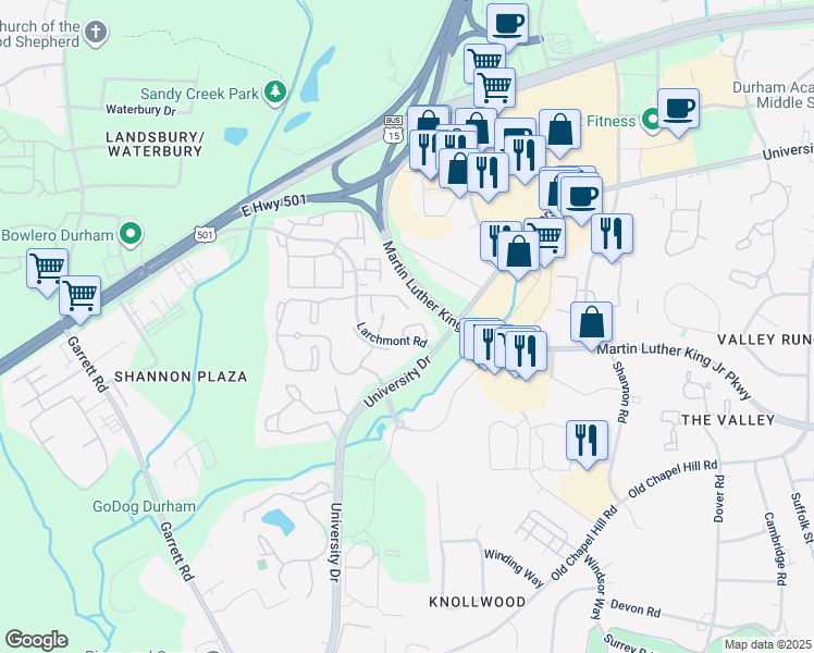 map of restaurants, bars, coffee shops, grocery stores, and more near 38 Melstone Turn in Durham