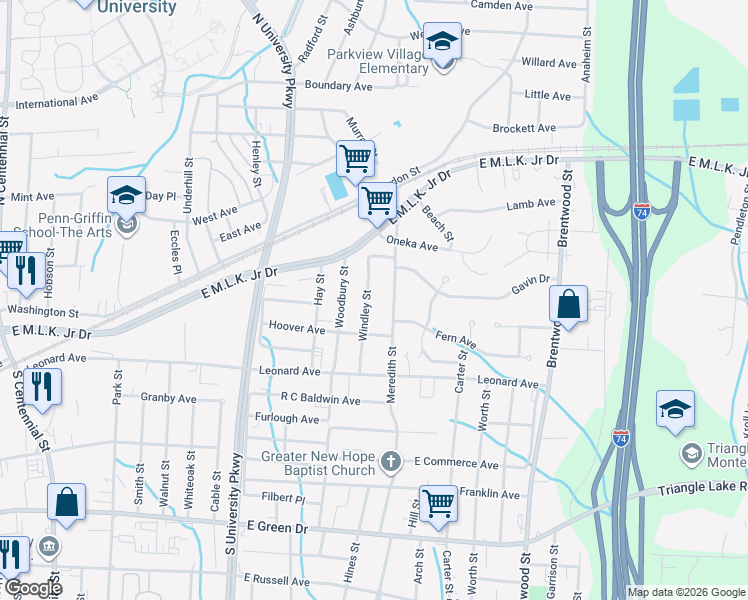 map of restaurants, bars, coffee shops, grocery stores, and more near 229 Windley Street in High Point