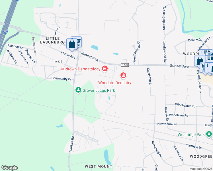 map of restaurants, bars, coffee shops, grocery stores, and more near 129 Bridgeport Court in Rocky Mount