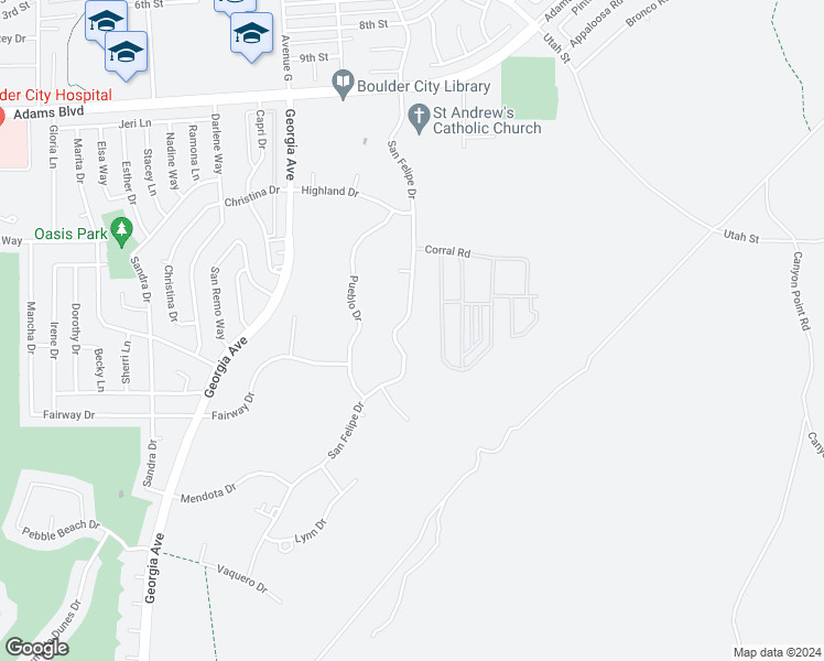 map of restaurants, bars, coffee shops, grocery stores, and more near 1439 San Felipe Drive in Boulder City