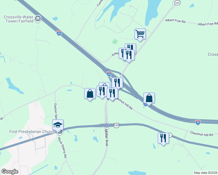 map of restaurants, bars, coffee shops, grocery stores, and more near 2581 East 1st Street in Crossville