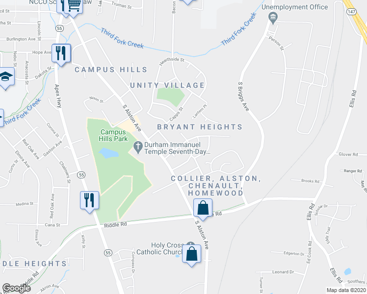 map of restaurants, bars, coffee shops, grocery stores, and more near 2213 Wintergreen Place in Durham