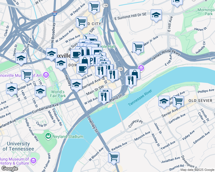 map of restaurants, bars, coffee shops, grocery stores, and more near 921 South Gay Street in Knoxville