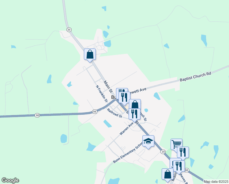 map of restaurants, bars, coffee shops, grocery stores, and more near in Bunn