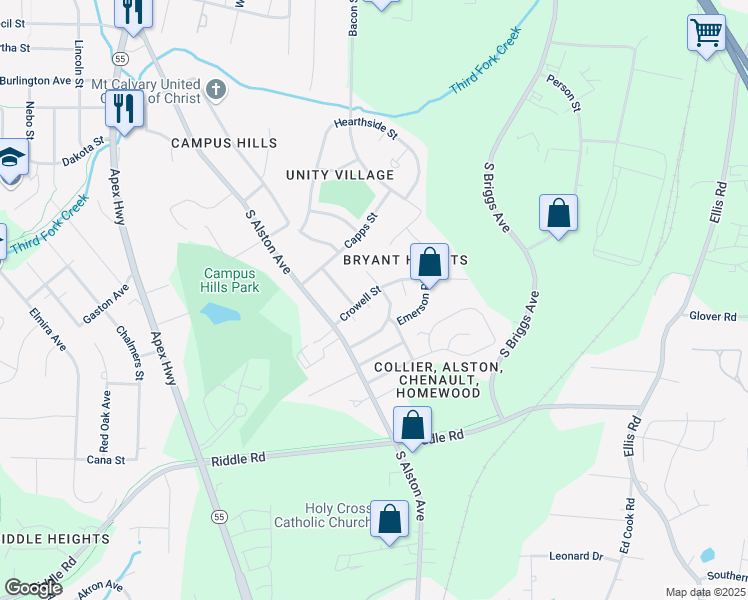 map of restaurants, bars, coffee shops, grocery stores, and more near 2213 Wintergreen Place in Durham