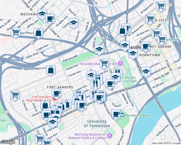 map of restaurants, bars, coffee shops, grocery stores, and more near 1520 Highland Avenue in Knoxville
