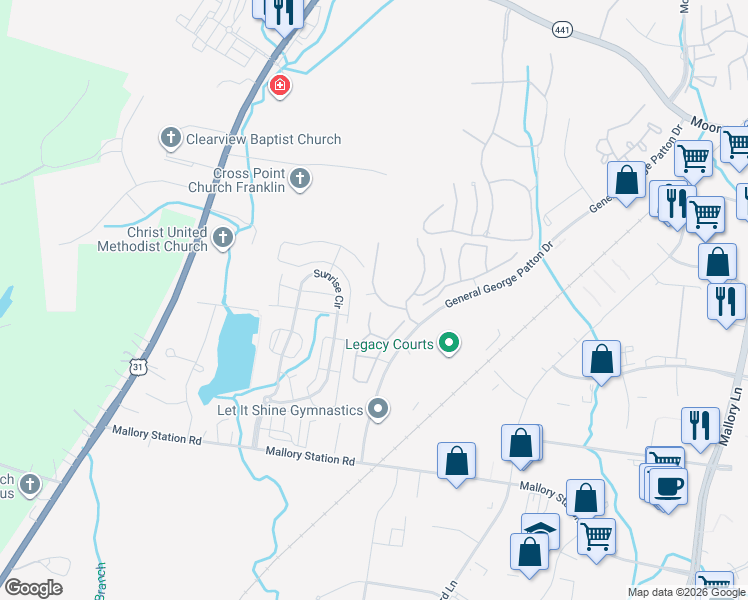 map of restaurants, bars, coffee shops, grocery stores, and more near 1523 Brentwood Point in Franklin