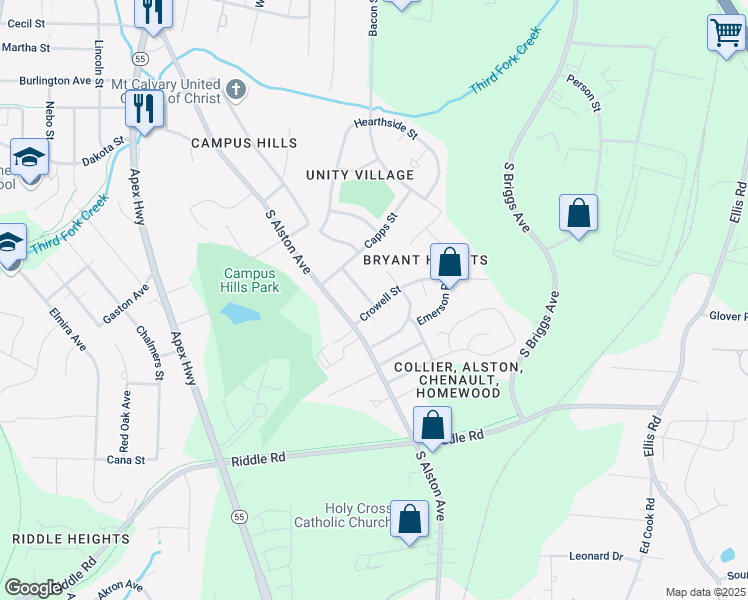 map of restaurants, bars, coffee shops, grocery stores, and more near 2129 Baltic Avenue in Durham