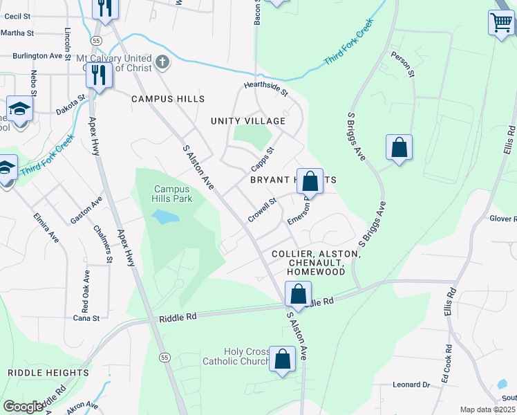 map of restaurants, bars, coffee shops, grocery stores, and more near 2129 Baltic Avenue in Durham