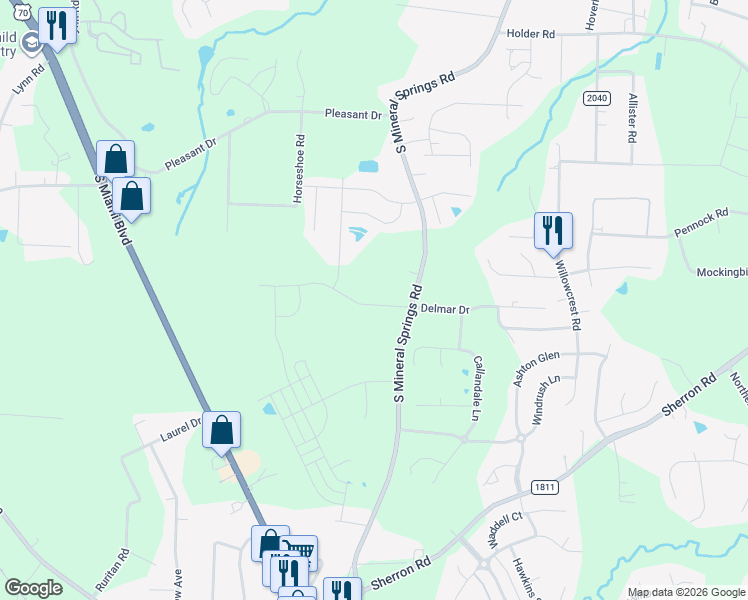 map of restaurants, bars, coffee shops, grocery stores, and more near 1412 South Mineral Springs Road in Durham