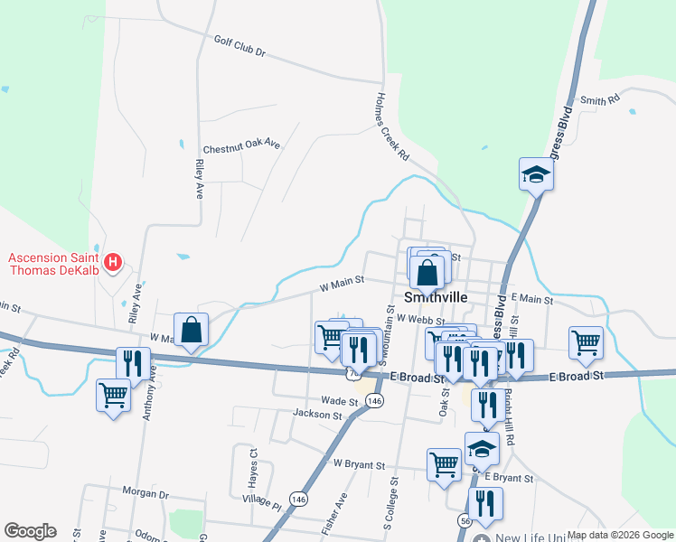 map of restaurants, bars, coffee shops, grocery stores, and more near 414 West Main Street in Smithville