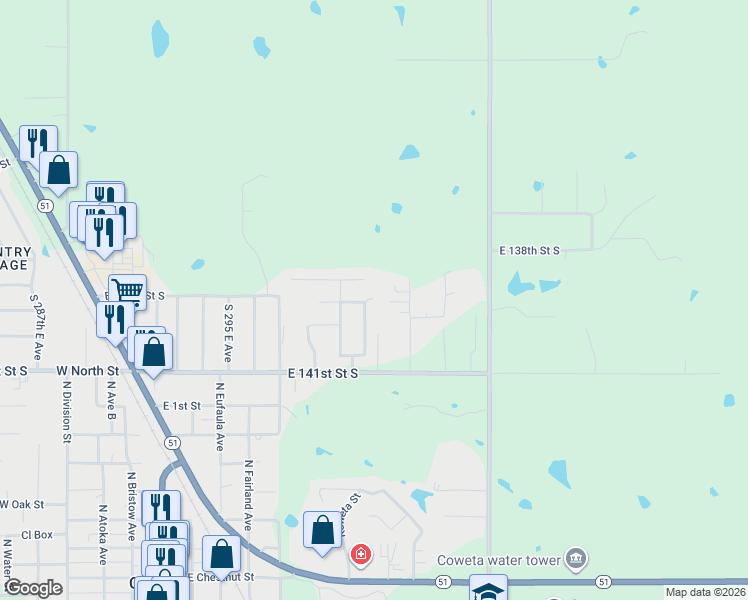 map of restaurants, bars, coffee shops, grocery stores, and more near 13929 South 300th East Avenue in Coweta