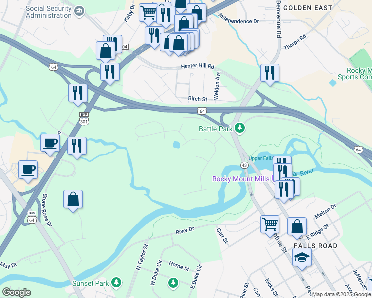 map of restaurants, bars, coffee shops, grocery stores, and more near 1205 Falling River Walk in Rocky Mount