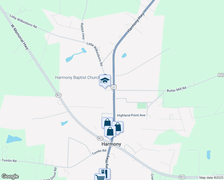 map of restaurants, bars, coffee shops, grocery stores, and more near Harmony School Road in Harmony