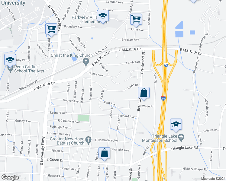 map of restaurants, bars, coffee shops, grocery stores, and more near 1710 Gavin Drive in High Point