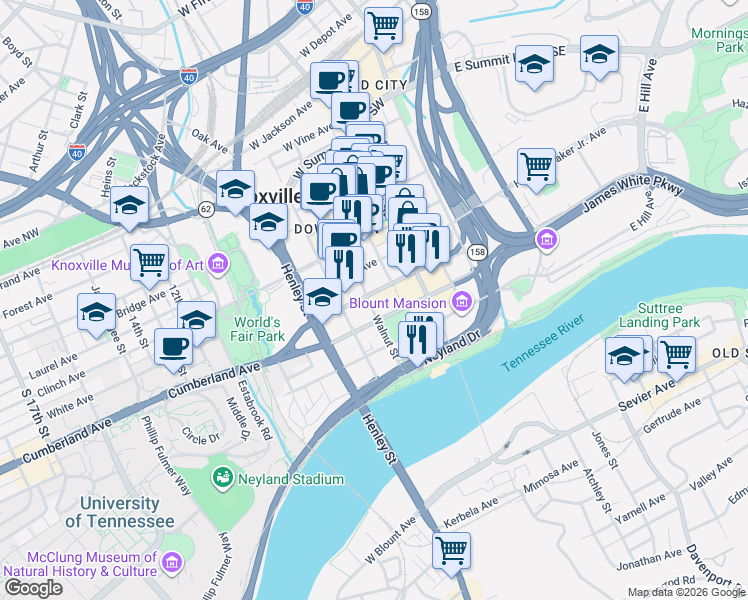 map of restaurants, bars, coffee shops, grocery stores, and more near 422 Cumberland Ave in Knoxville
