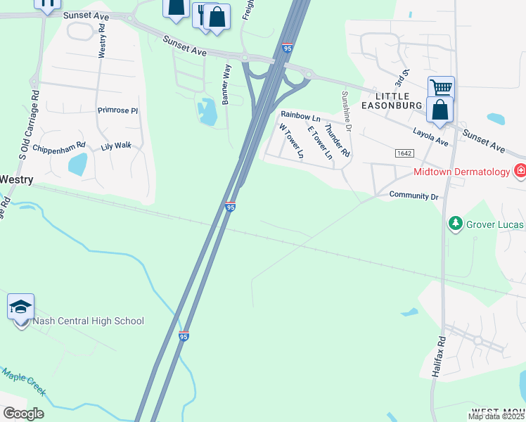 map of restaurants, bars, coffee shops, grocery stores, and more near Stanley Park Drive in Rocky Mount