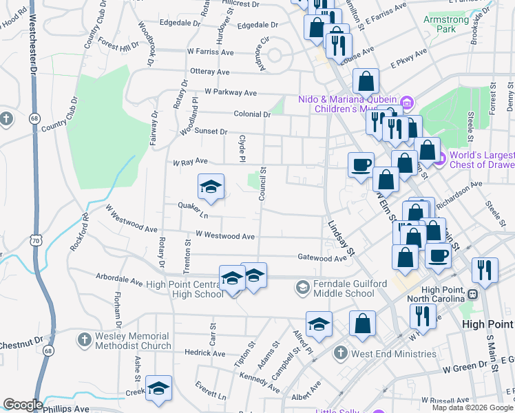 map of restaurants, bars, coffee shops, grocery stores, and more near 629 Quaker Lane in High Point