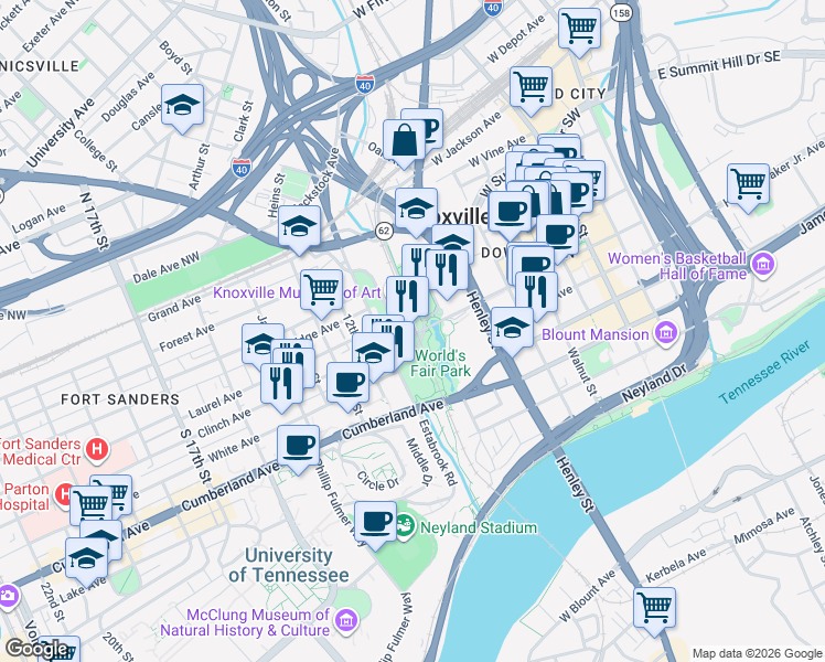 map of restaurants, bars, coffee shops, grocery stores, and more near 1060 Worlds Fair Park Drive in Knoxville