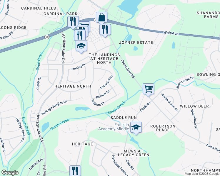 map of restaurants, bars, coffee shops, grocery stores, and more near 1412 Basley Street in Wake Forest