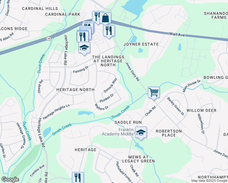 map of restaurants, bars, coffee shops, grocery stores, and more near 1412 Basley Street in Wake Forest