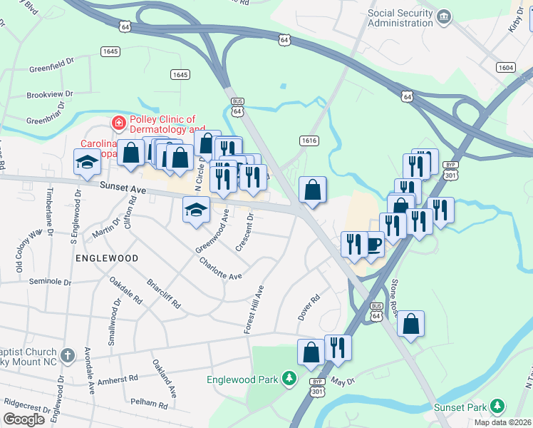 map of restaurants, bars, coffee shops, grocery stores, and more near 2627 Sunset Avenue in Rocky Mount