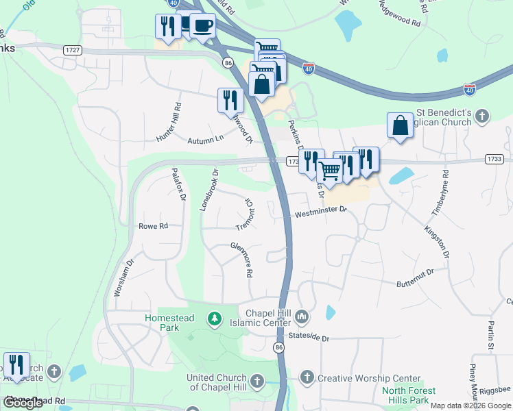 map of restaurants, bars, coffee shops, grocery stores, and more near 103 Weymouth Place in Chapel Hill