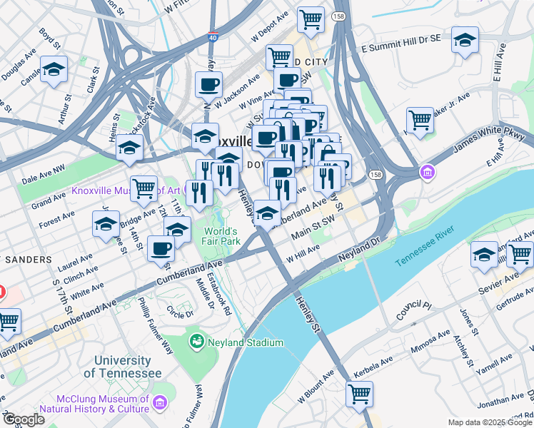 map of restaurants, bars, coffee shops, grocery stores, and more near in Knoxville
