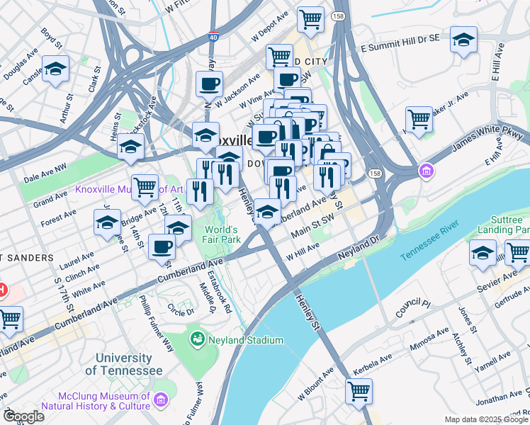 map of restaurants, bars, coffee shops, grocery stores, and more near in Knoxville