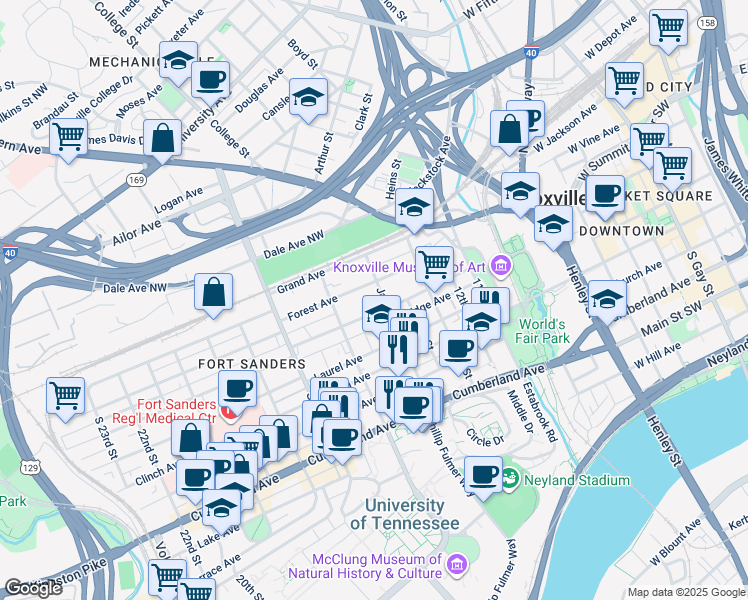 map of restaurants, bars, coffee shops, grocery stores, and more near 1520 Highland Avenue in Knoxville
