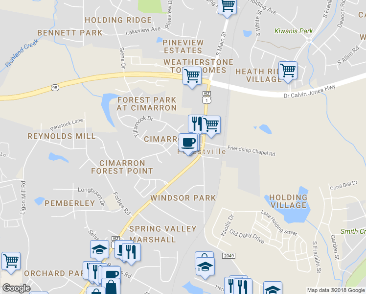 map of restaurants, bars, coffee shops, grocery stores, and more near 1217 Ventura Springs Court in Wake Forest