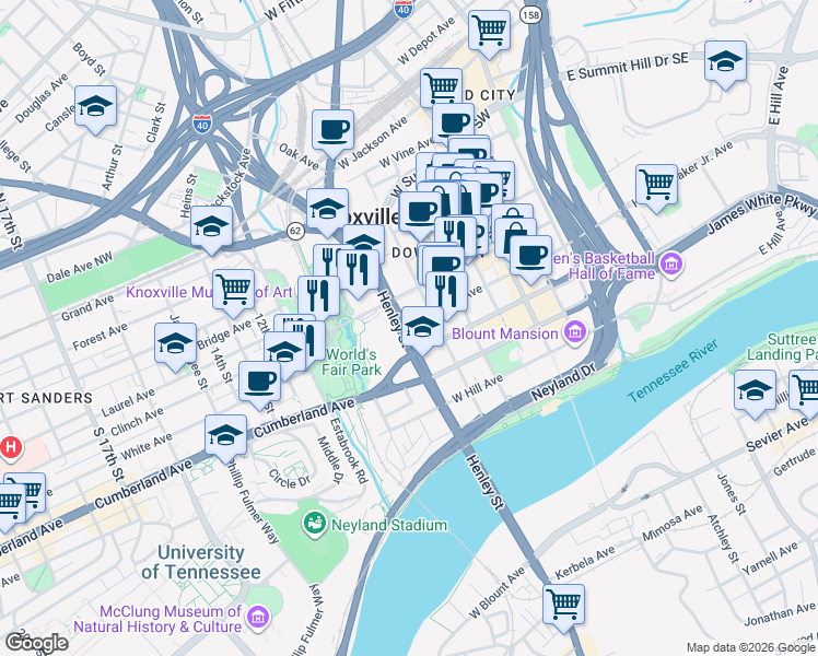map of restaurants, bars, coffee shops, grocery stores, and more near 701 Henley Street in Knoxville
