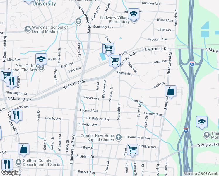map of restaurants, bars, coffee shops, grocery stores, and more near 207 Windley Street in High Point