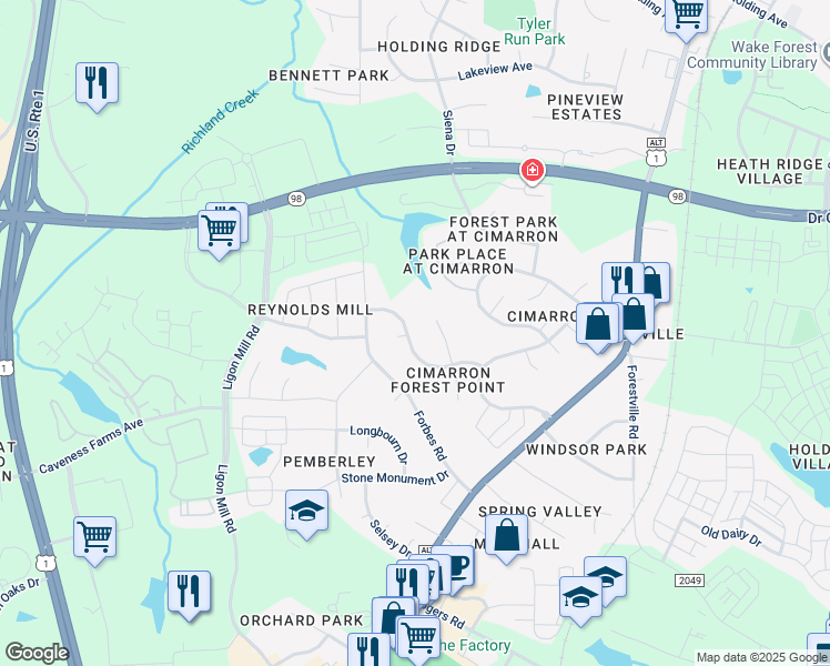 map of restaurants, bars, coffee shops, grocery stores, and more near 334 Amherst Creek Drive in Wake Forest