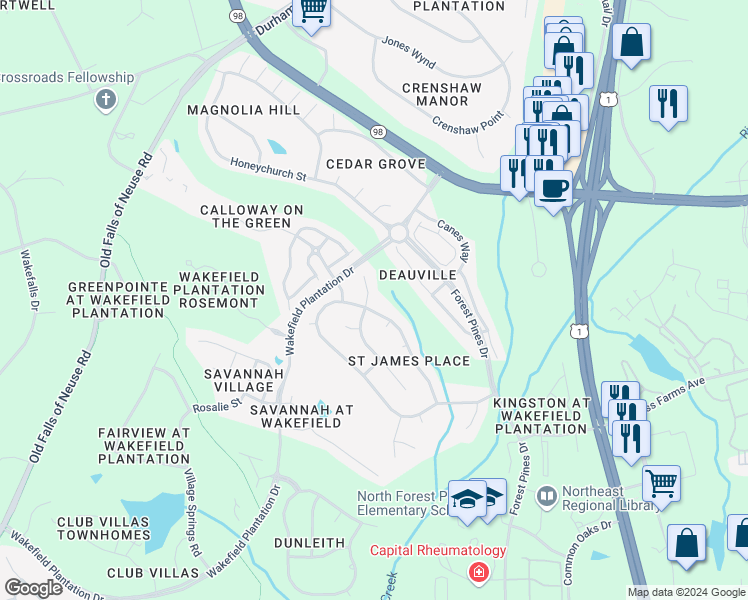 map of restaurants, bars, coffee shops, grocery stores, and more near 12200 Jasmine Cove Way in Raleigh