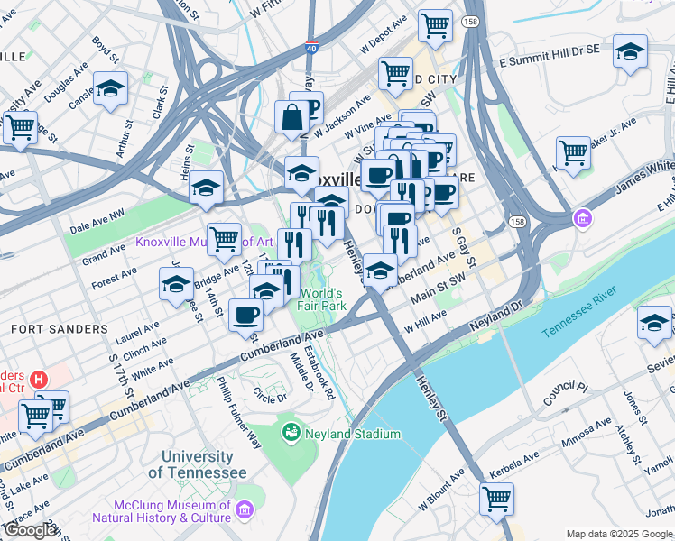 map of restaurants, bars, coffee shops, grocery stores, and more near 701 Henley Street in Knoxville