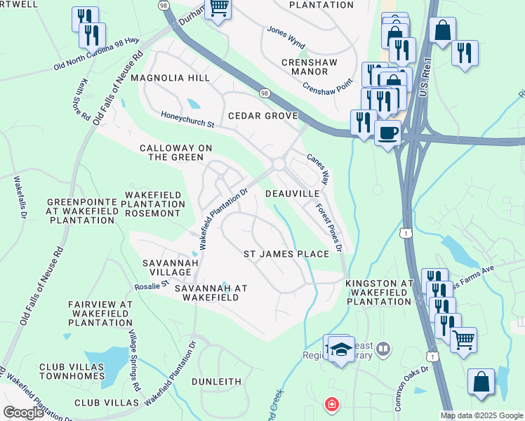 map of restaurants, bars, coffee shops, grocery stores, and more near 12200 Jasmine Cove Way in Raleigh